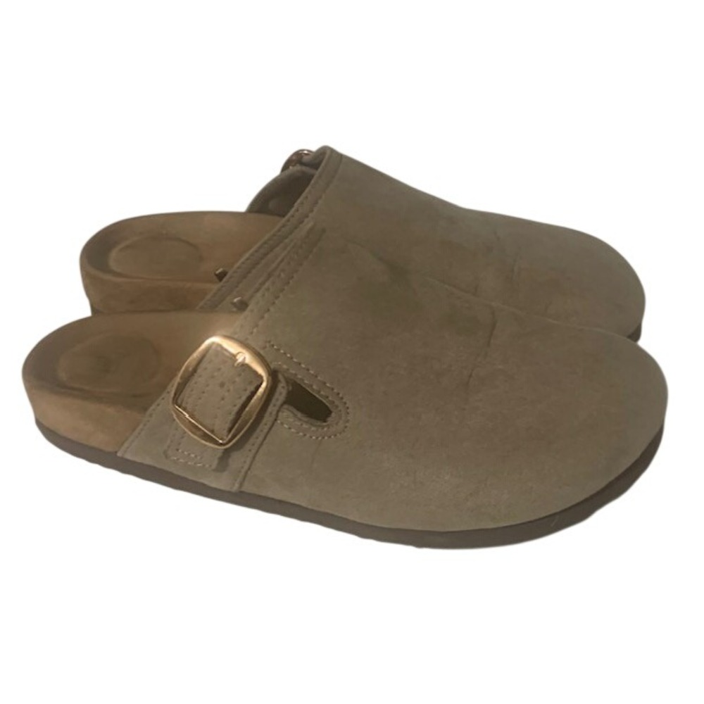 Boston Style Taupe Faux Suede Clogs 9 Scandi Minimalist Buckle Mule Slides